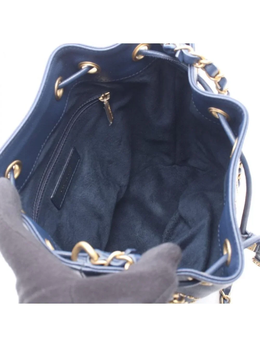 Chanel Shoulder Bag Deauville Navy Leather Logo Studs Drawstring